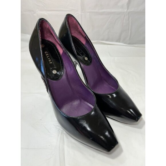 Celine platform Black Leather Square Toe Heels Pumps Size 6.5 - Picture 1 of 13